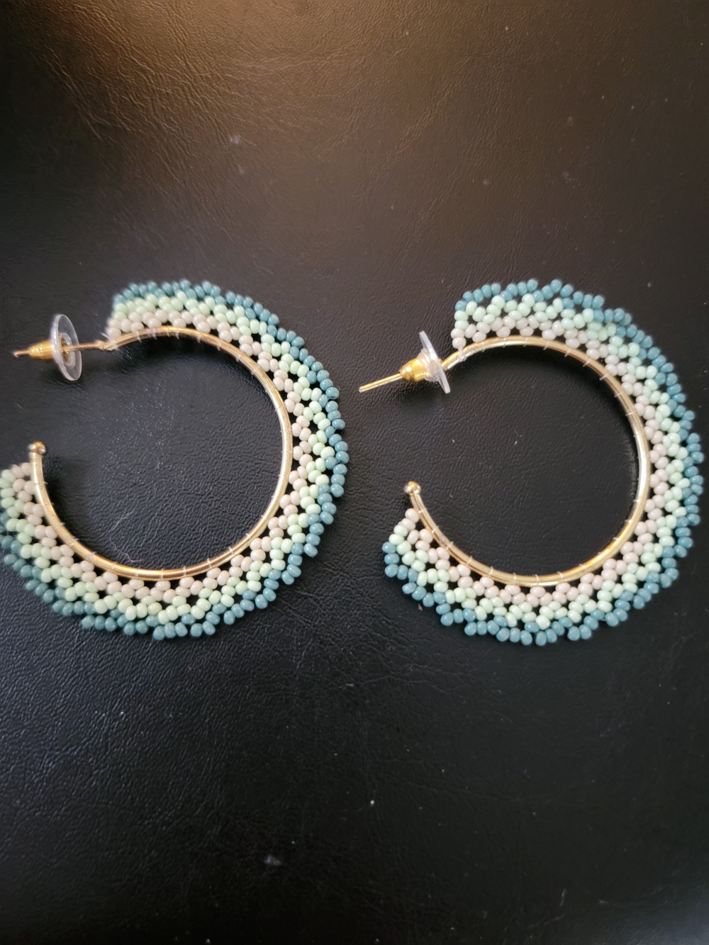 Crochet Gold Hoop Earrings with Mint Bead Detailing